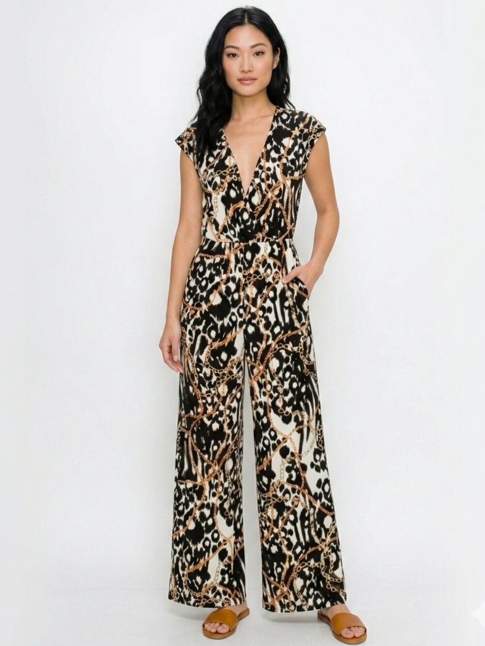 Cap Sleeve Animal Print Jumpsuit with Pockets